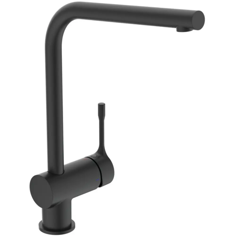 Küchenarmatur in Silk Black von Ideal Standard mit hohem Auslauf und einem seitlichen Hebel für die Wasserbedienung. Modernes Design ohne sichtbare Elemente.